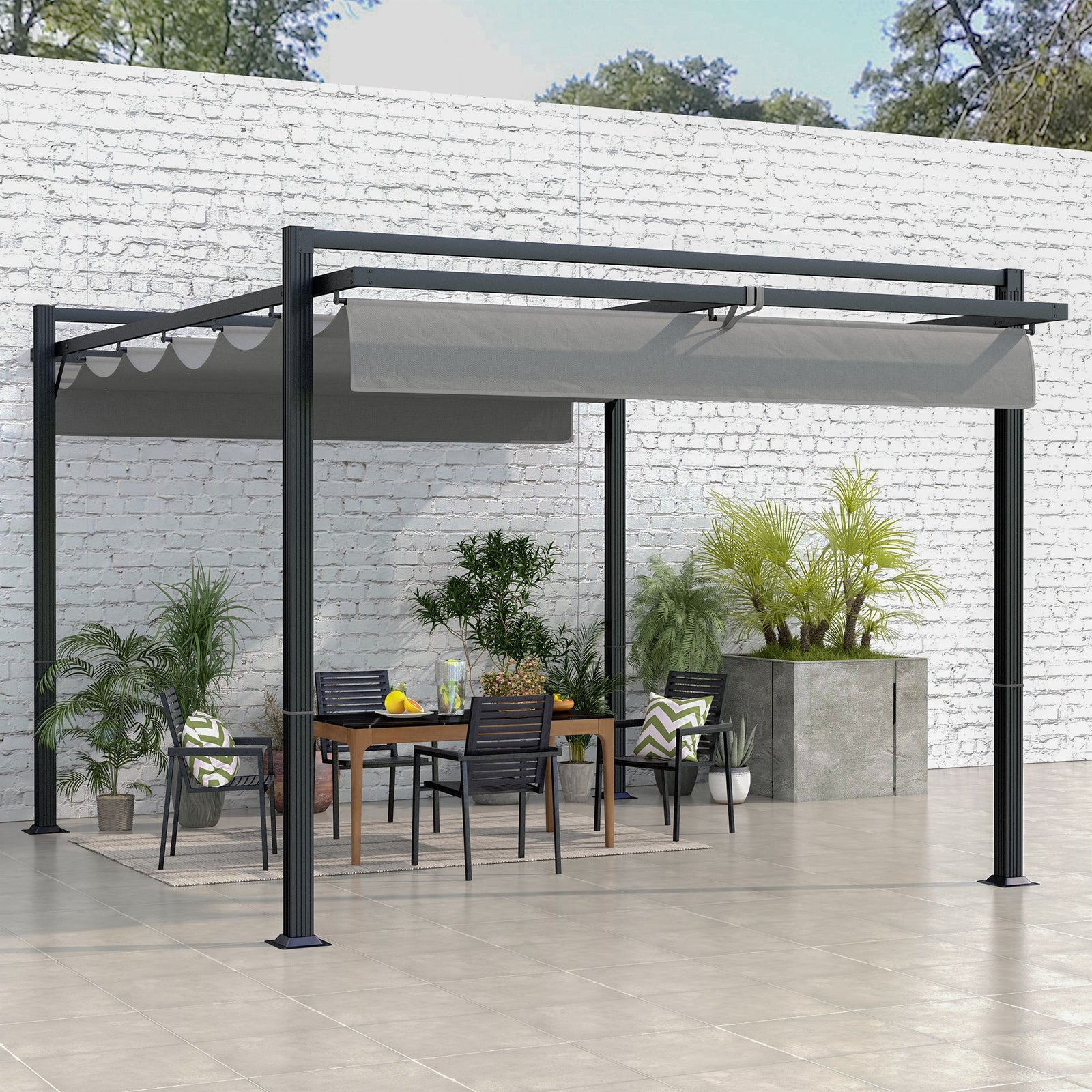 3 x 4m Retractable Pergola, Garden Gazebo Shelter with Aluminium Frame, for Grill, Patio, Deck, Dark Grey