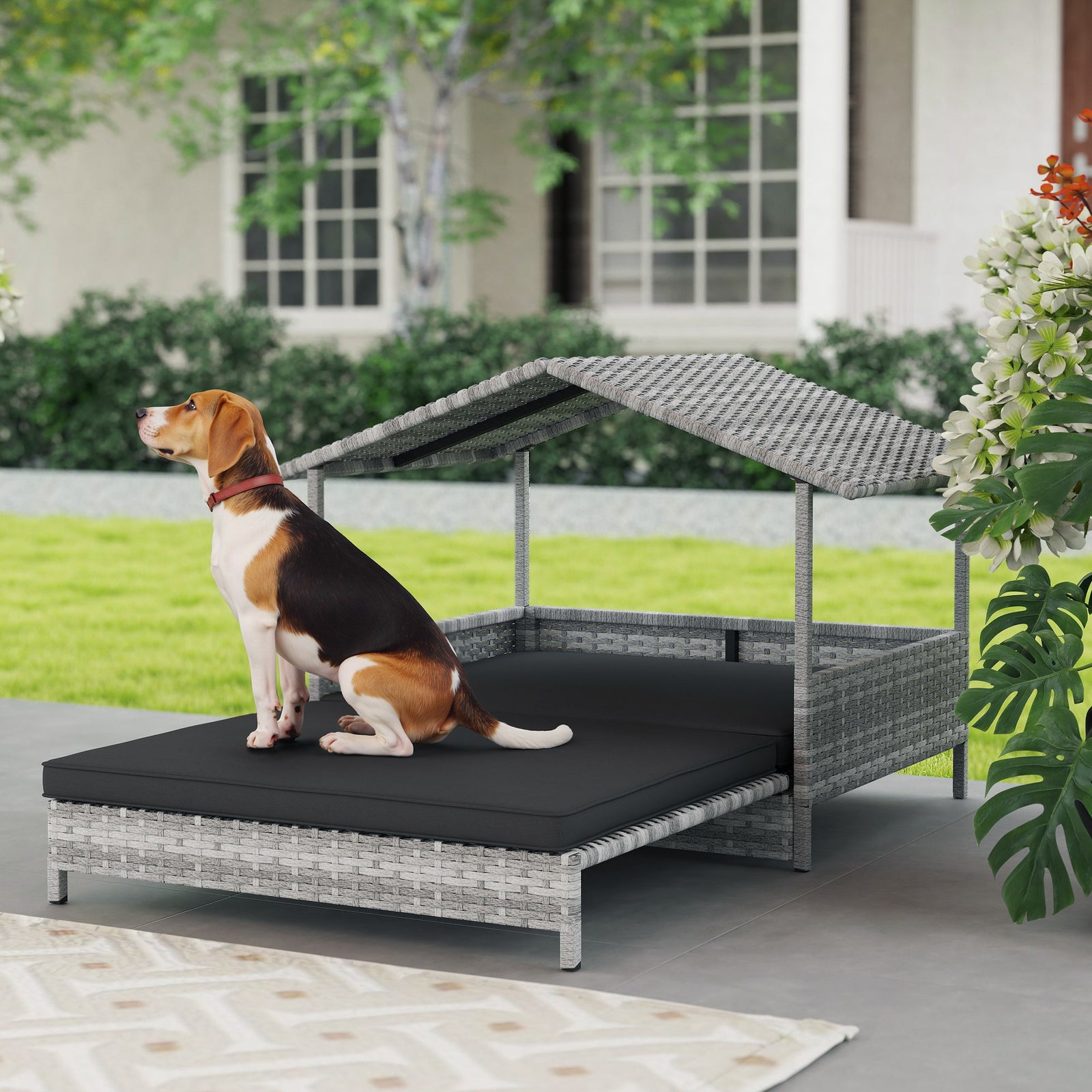 Extendable Elevated Dog Bed, Rattan Dog House, with Water-Resistant Roof, Removable Cushion, Charcoal Grey