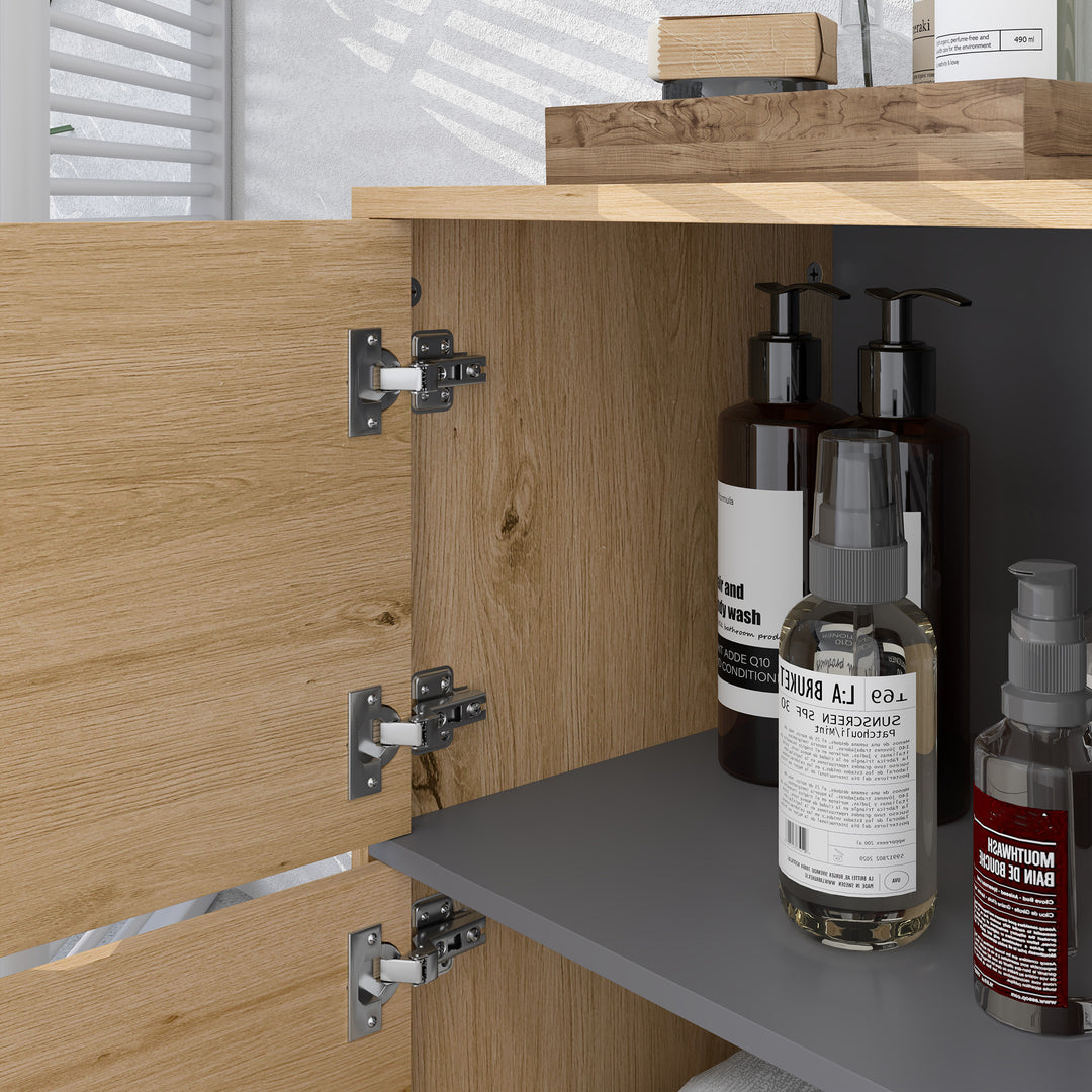Bathroom Cabinet, Freestanding Bathroom Cabinet with Open Compartments and Double Doors