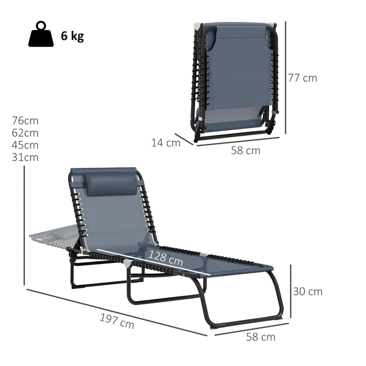 Foldable Sun Lounger, Outdoor 4 Level Adjustable Backrest Reclining Chaise Chair, Steel Frame Recliner Chair for Camping, Hiking, Grey