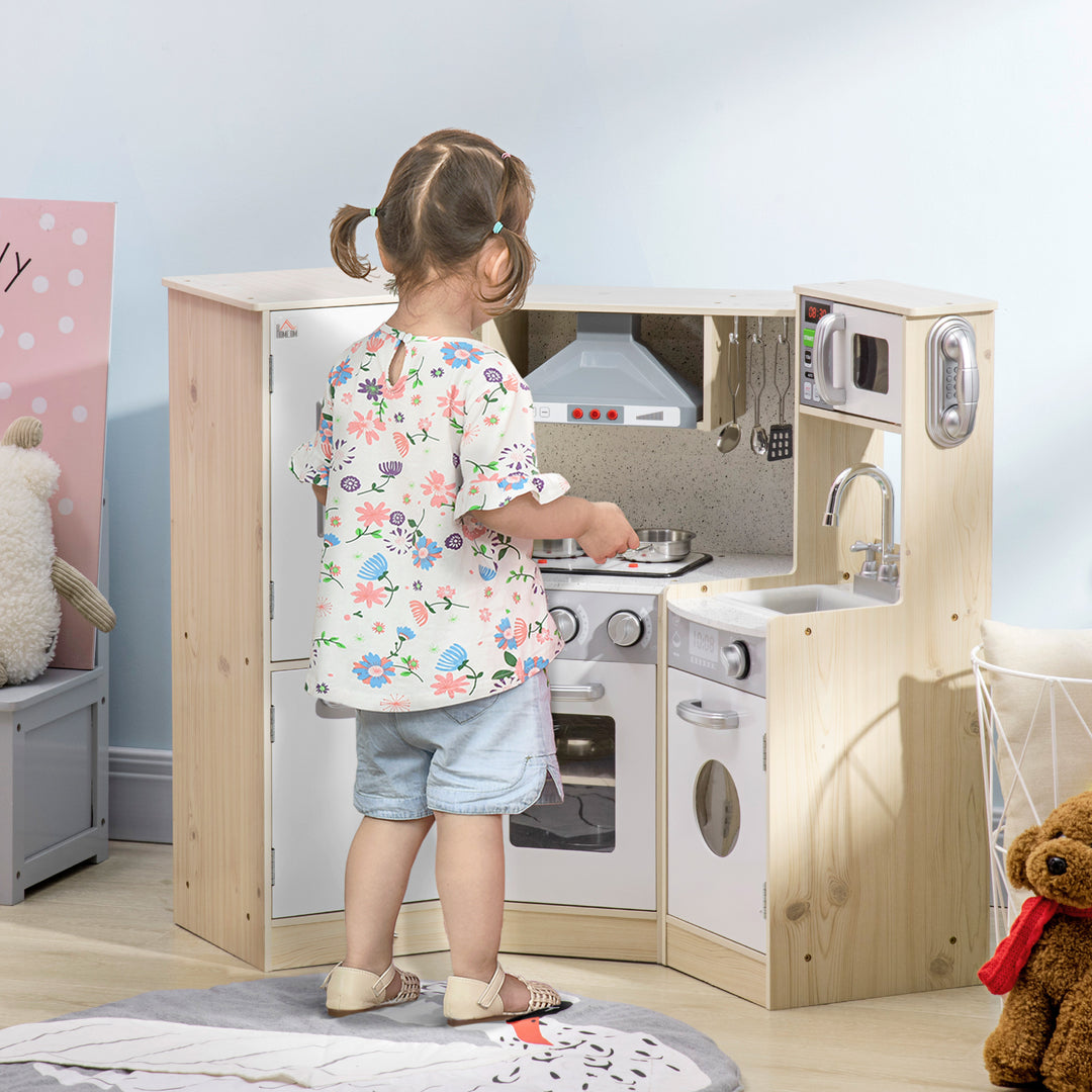 HOMCOM Interactive Wooden Play Kitchen for Children, Pretend Play Set with Sounds, Lights, Phone, Microwave, Fridge, Ice Maker | Aosom UK