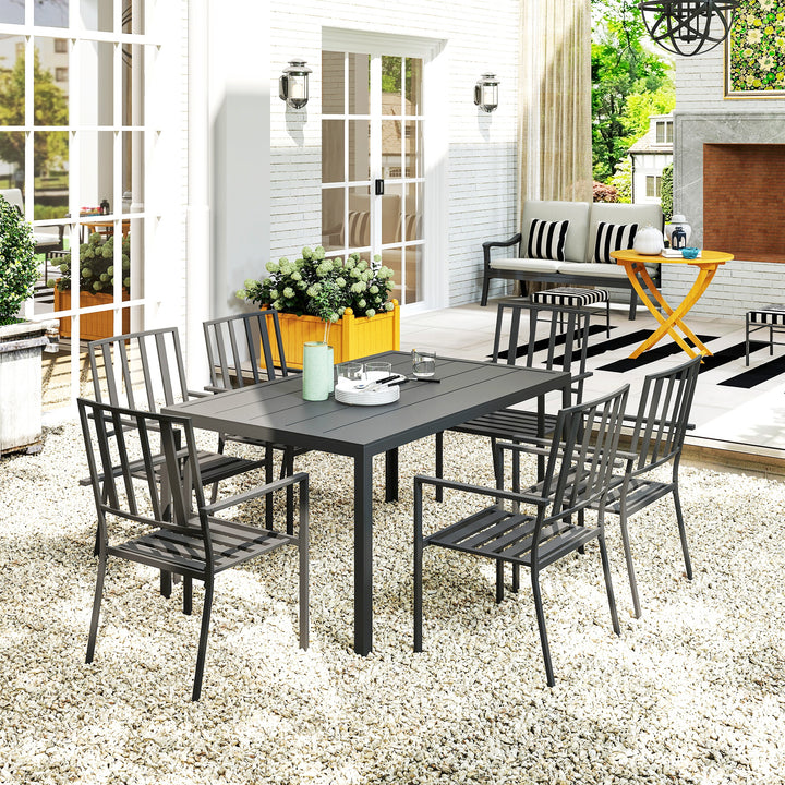 Outsunny Seven-Piece Minimal Metal Garden Dining Set, with Parasol Hole - Black