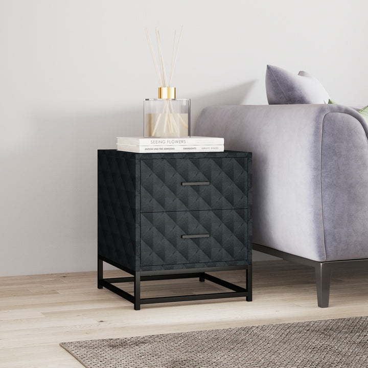 Bedside Tables Set of 2, Modern Bedside Table Nightstand with 2 Drawers, Bedside Cabinet Sofa Side Table with Storage, Steel Legs for Bedroom, Living Room, Black