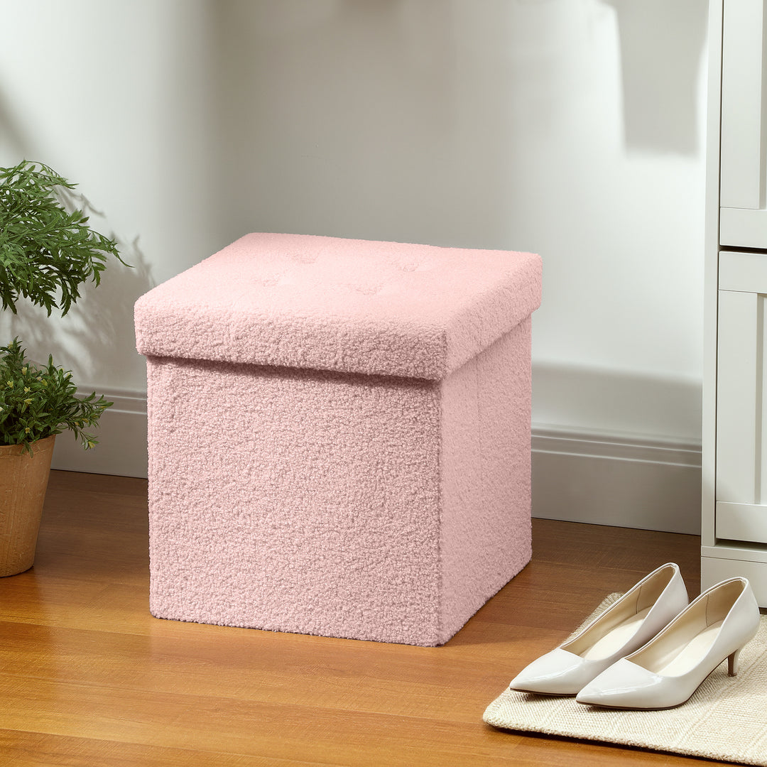 Foldable Sherpa Fleece Storage Ottoman - Pink