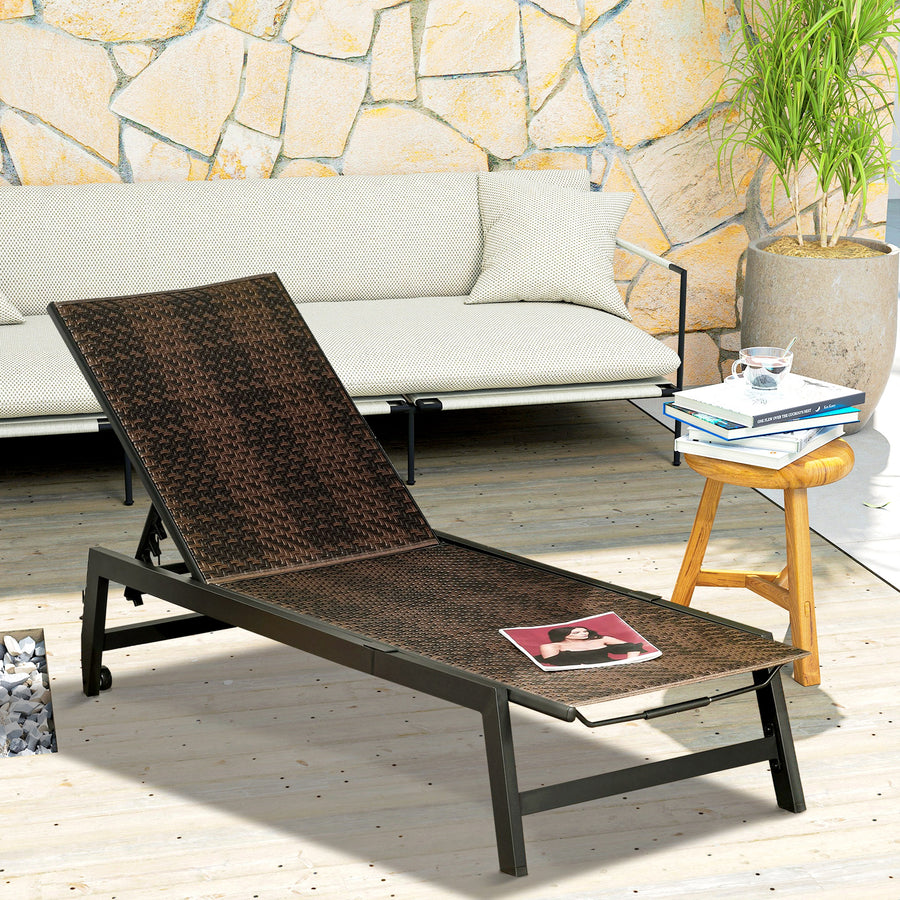 Rattan Sun Lounger, with Five-Position Back - Brown/Black