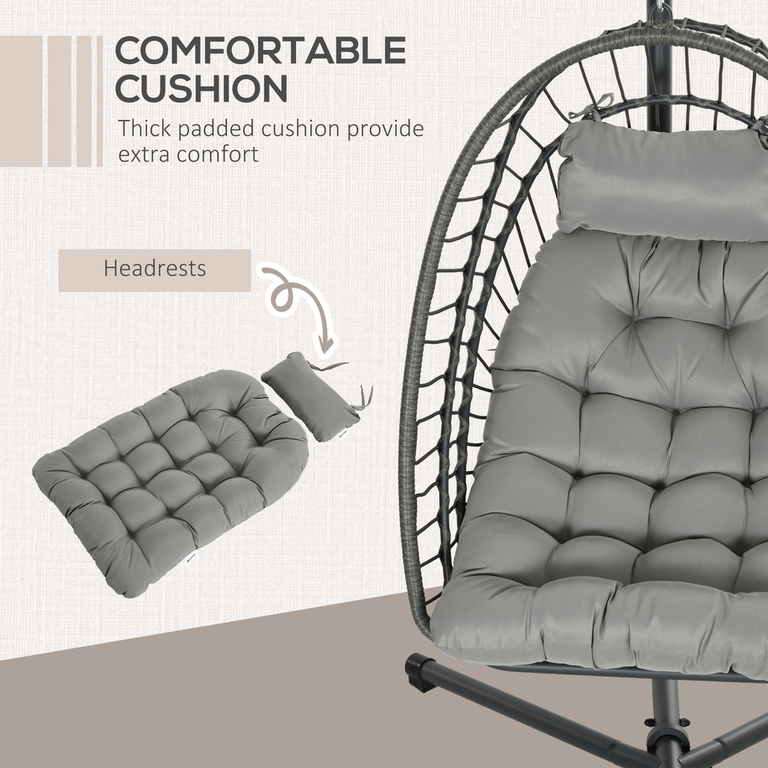 Outdoor PE Rattan Swing Chair with Foldable Basket and Cushion, Garden Patio Hanging Egg Chair with Metal Stand, Headrest for Indoor and Outdoor, Light Grey