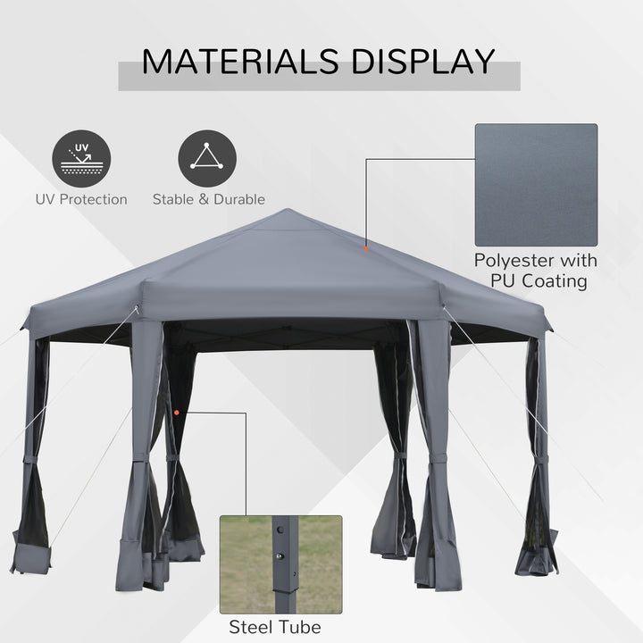 3.8m x 3.2m Pop Up Gazebo Hexagonal Canopy Tent Outdoor Sun Protection with 6 Mesh Sidewalls, Hand Bag, Grey