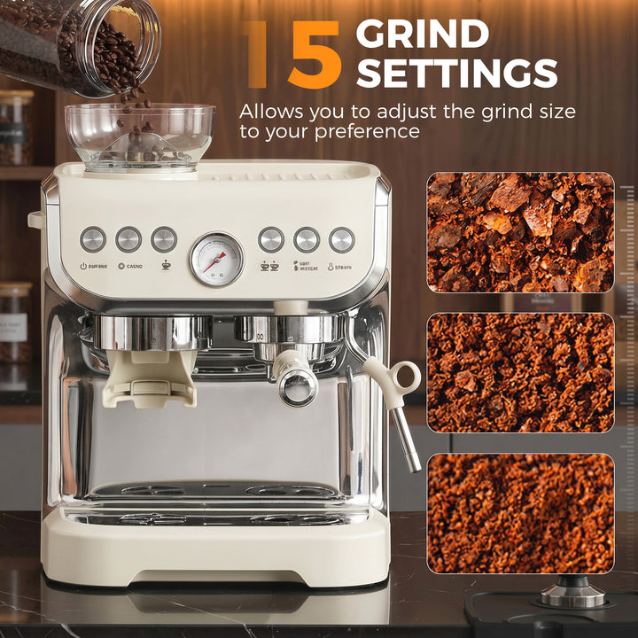 15 Bar Coffee Machine, with Adjustable Grind, Steamer and Accessories 