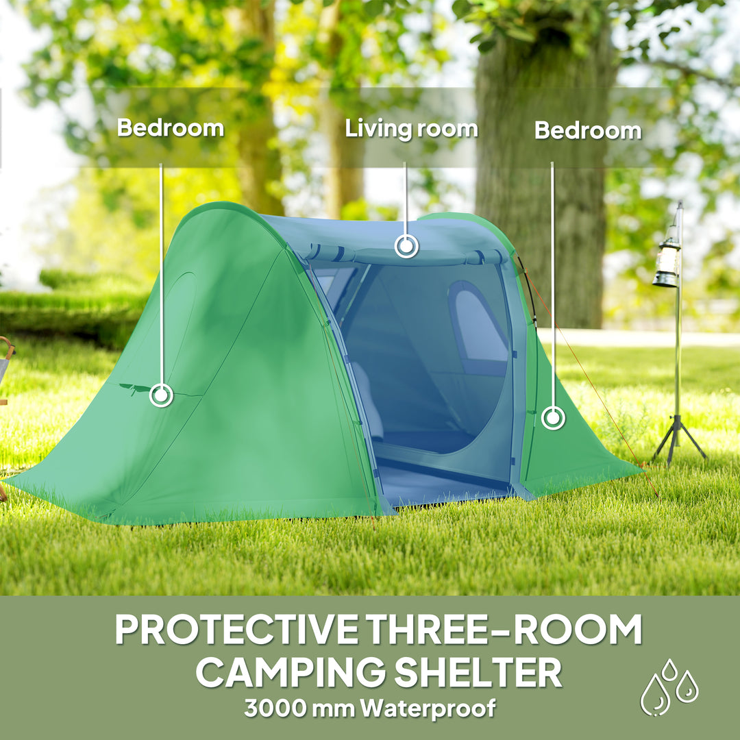 3 Man Camping Tent with Living Area and 2 Bedrooms, 3000mm Waterproof Family Tent with Sewn-in Groundsheet and bag, Portable Dome Shelter for Hiking, Festival, Backpacking, Green