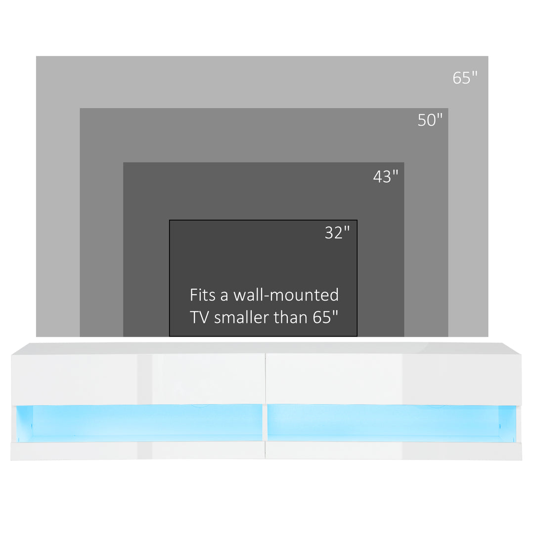 Floating TV Unit, Wall Mounted TV Cabinet for TVs up to 65", High Gloss Media Wall Unit with LED Lights, Storage Shelves for Living Entertainment Room, White