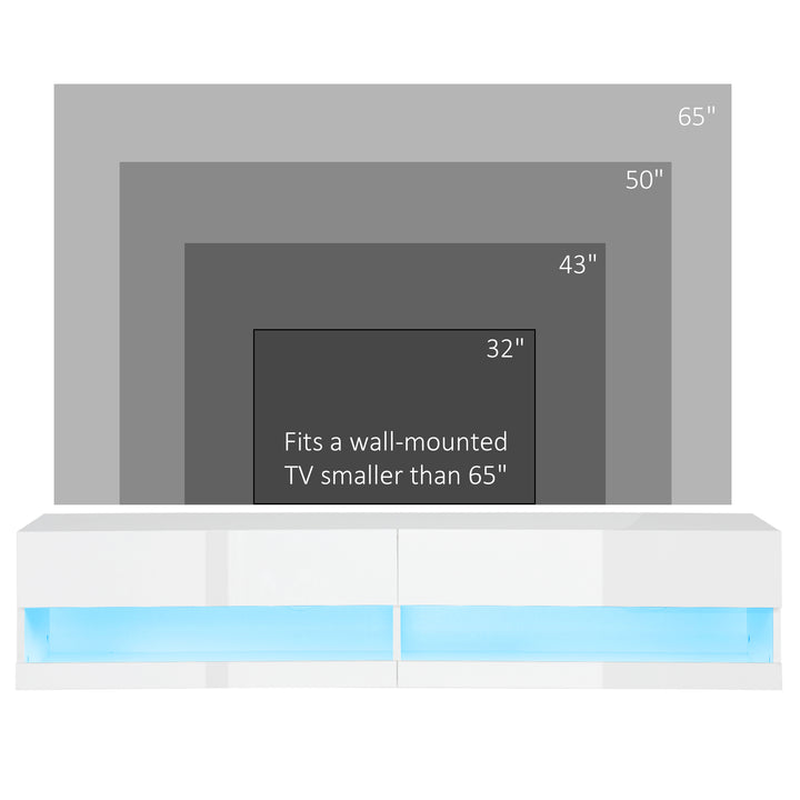 Floating TV Unit, Wall Mounted TV Cabinet for TVs up to 65", High Gloss Media Wall Unit with LED Lights, Storage Shelves for Living Entertainment Room, White