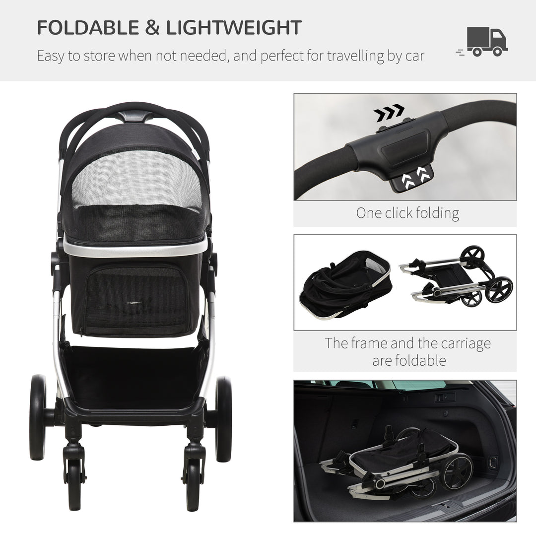 PawHut Foldable Dog Pushchair, 3 in 1, Detachable Travel Stroller with EVA Wheels, Adjustable Canopy, Safety Leash, Cushion, Black