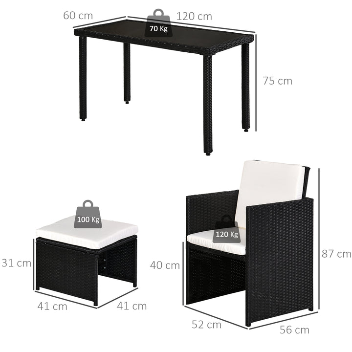 MCL 2 Seater Rattan Cube Garden Furniture Set, Rattan Dining Set with Cushions, Outdoor Dining Table and Chairs with 2 Armchairs, 2 Stools, Rectangular Glass Top Table for Patio, Balcony, Black