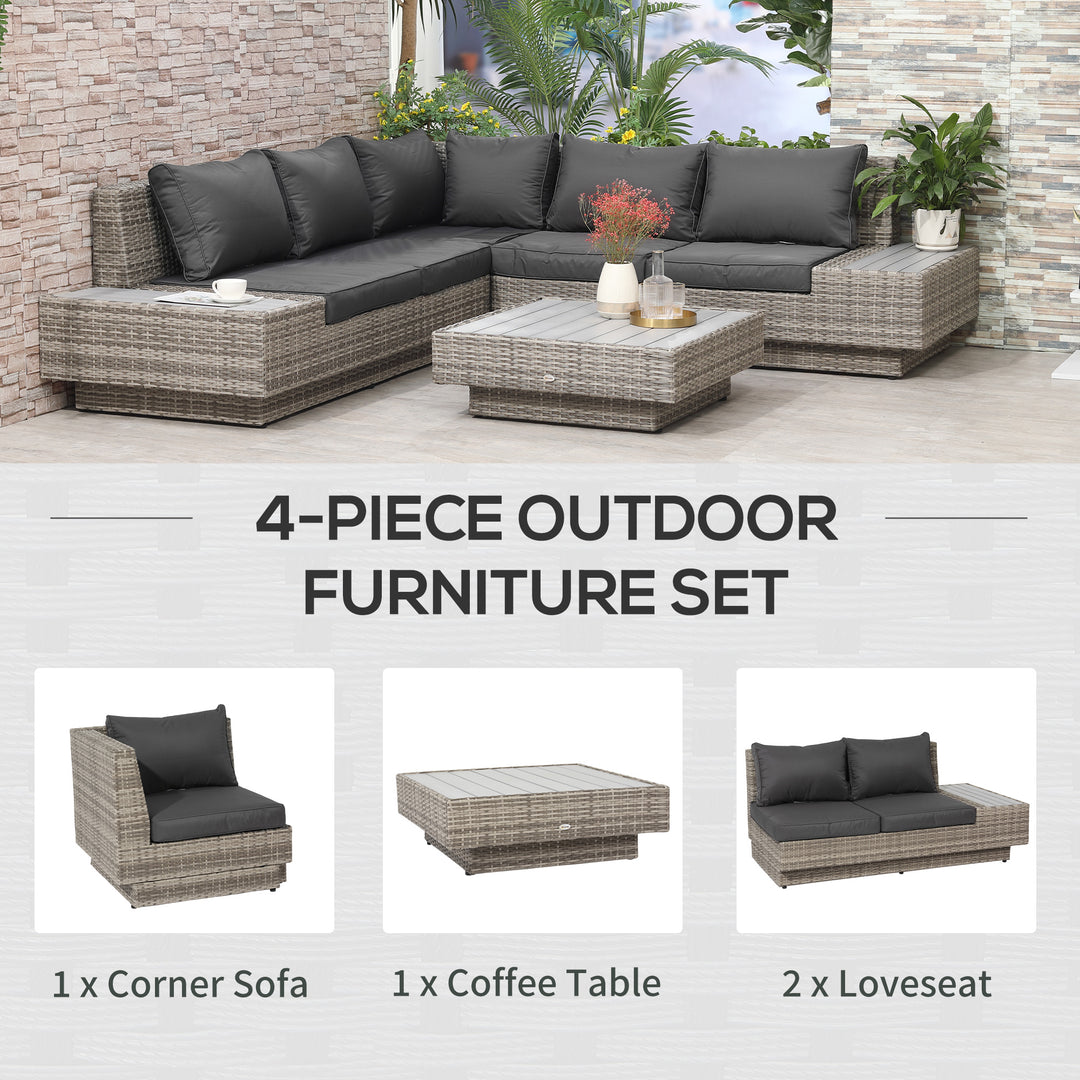 4 PCs Rattan Garden Furniture Outdoor Sectional Corner Sofa and Coffee Table Set Conservatory Wicker Weave Furniture with Armrest and Cushions - Light Grey