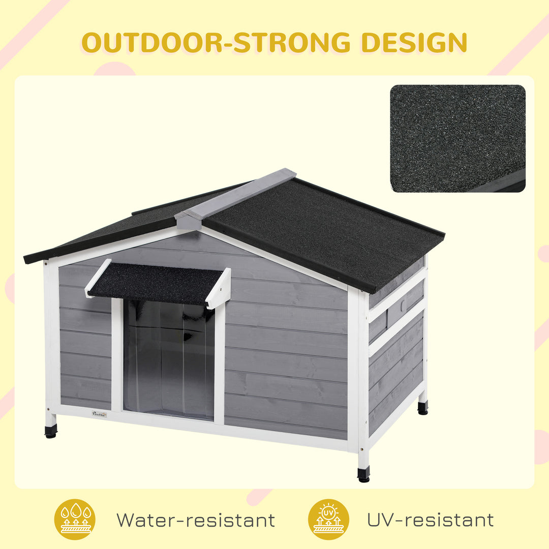 PawHut Large Wooden Dog Kennel Elevated Dog Kennels for Outside, w/ Openable Top, Asphalt Roof, Removable Tray, Adjustable Leg, Grey | Aosom UK