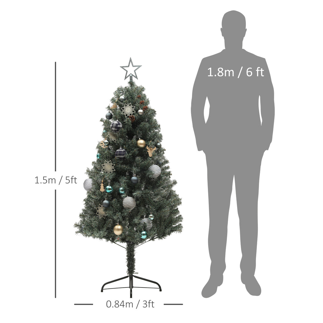 5ft Pre-Lit Xmas Tree with Decorations, Green, Blue and Warm White