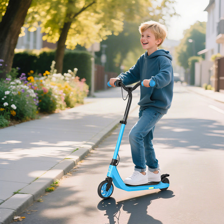 MCL Kids Electric Scooter, Electric Scooters for Kids Ages 6+, 8 KM/H & 6 KM Lightweight E-Scooter, Adjustable Height, Rear Brake - Blue