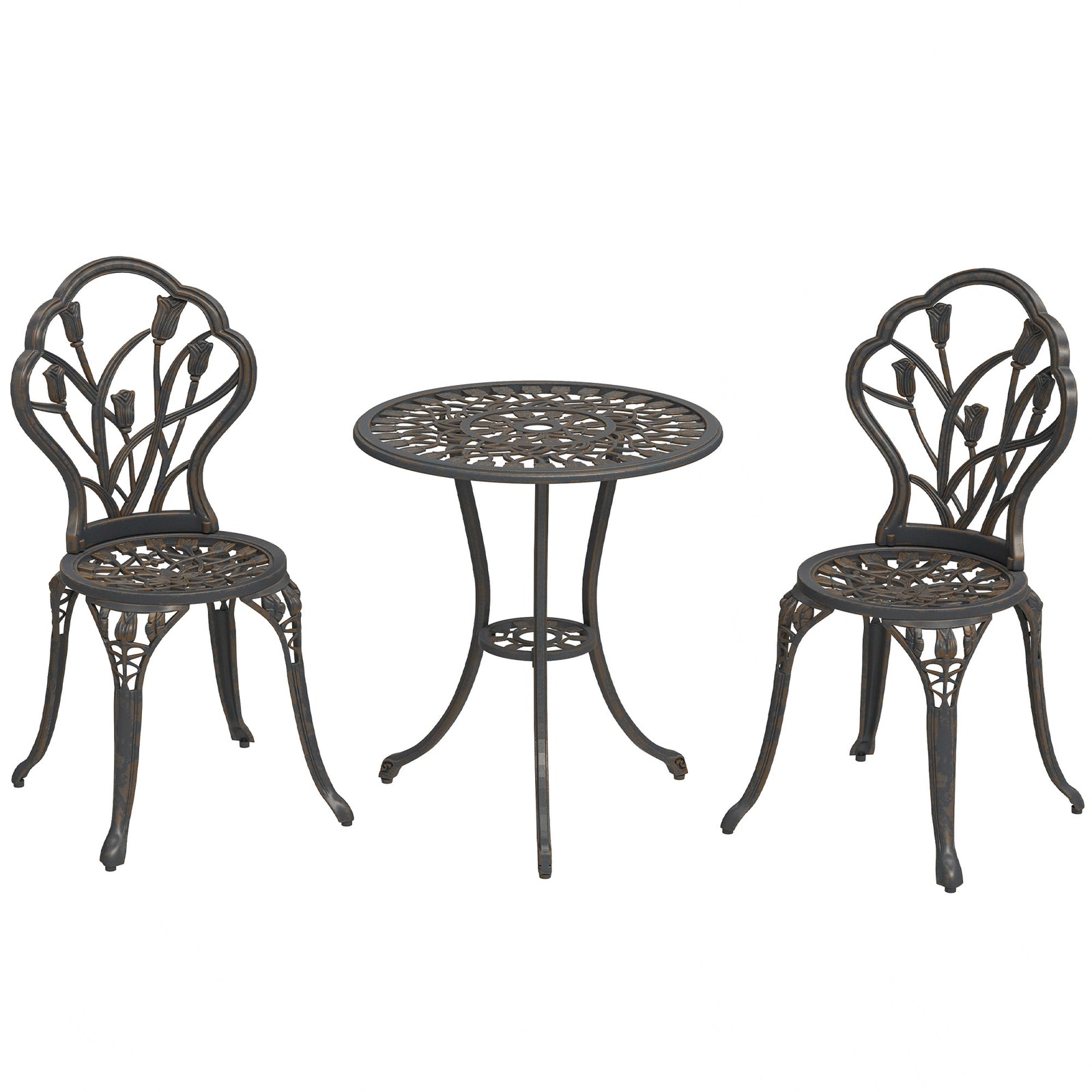 3 Piece Patio Bistro Set for 2, Outdoor Aluminium Garden Table and Chairs with Umbrella Hole for Balcony, Bronze Tone