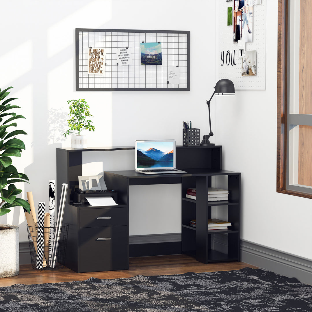 Computer Desk with Drawers and Storage Shelves, Office Desk Writing Table with Printer Stand, Large Workstation for Study Play Work Home Office, 137 x 55 x 92cm, Black