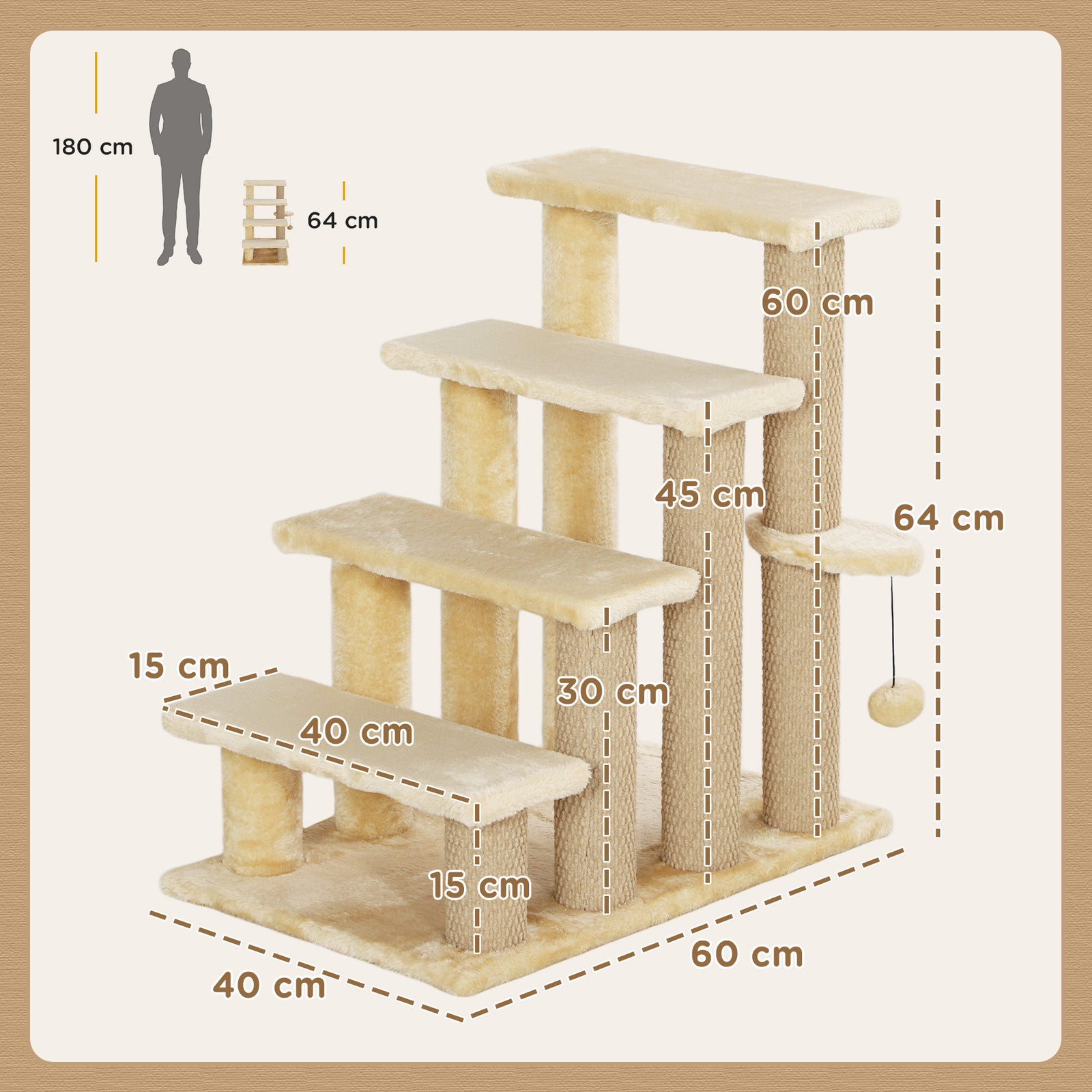 4-step Pet Stairs with Scratching Posts, Platforms, Toy Ball, Beige