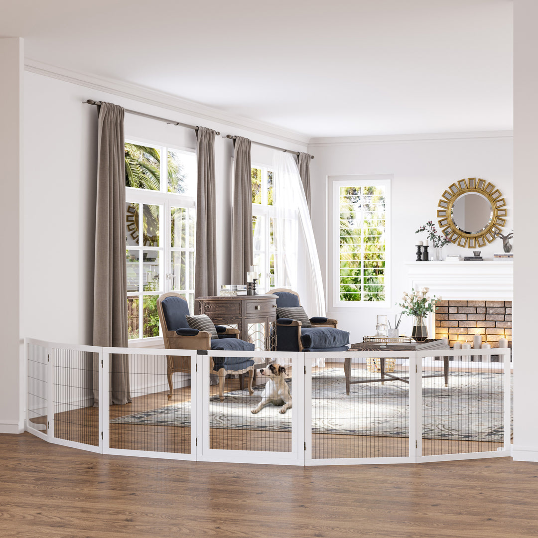 Wooden Pet Gate, Freestanding Dog Safety Barrier, w/ 2 Support Feet, White