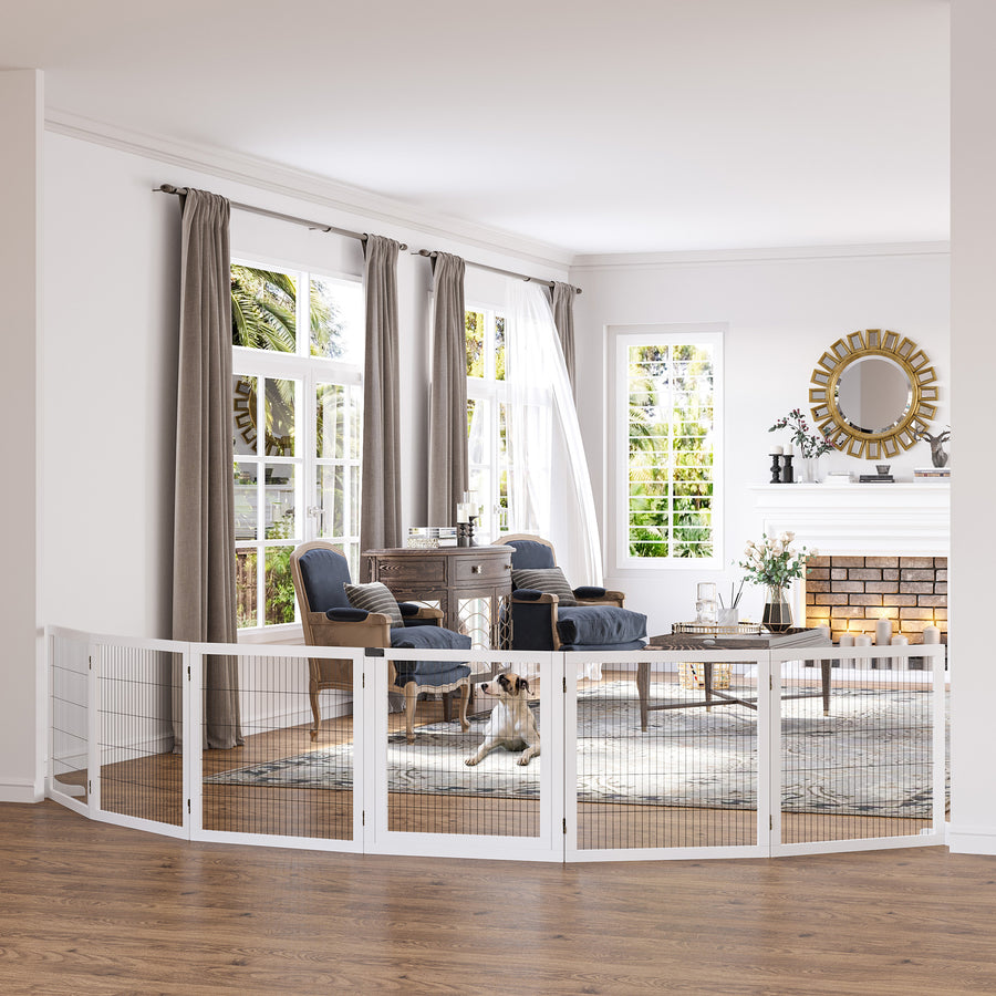 Wooden Pet Gate, Freestanding Dog Safety Barrier, w/ 2 Support Feet, White