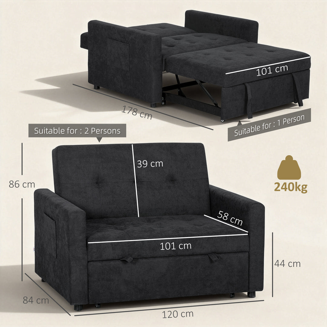 Loveseat Sofa Bed, Convertible Bed Settee with 2 Pillows, Side Pockets