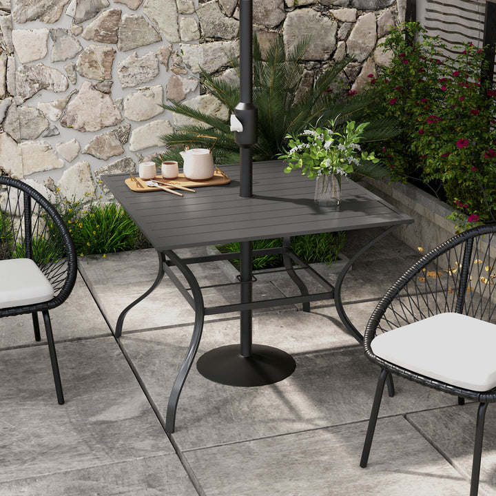 Outsunny Outdoor Dining Table 94x94cm with Parasol Hole, Four-Seater Garden Table with Slatted Metal Plate Top, Dark Grey | Aosom UK