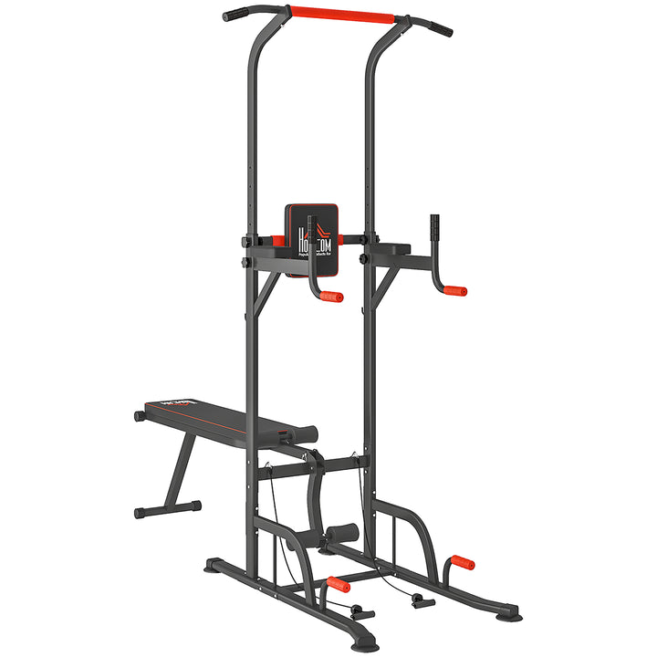 MCL Multifunction Power Tower Home Workout Dip Station w/ Sit-up Bench Push-up Bars and Tension Ropes Fitness Equipment Office Gym Training