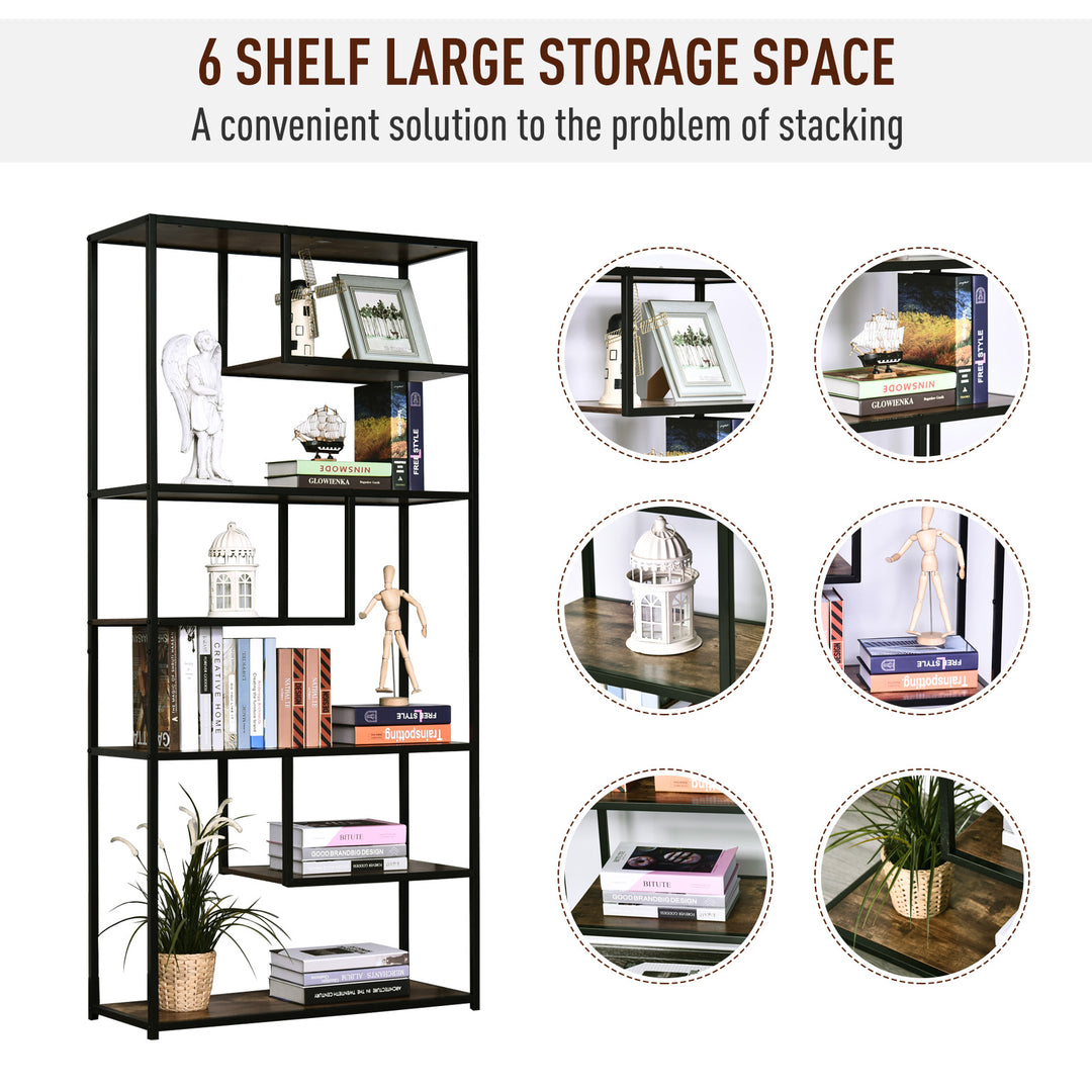 6 Tier Bookcase, Industrial Tall Shelf Unit with Steel Frame for Home Office, Study, Living Room, Hallway, 82 x 33.5 x 175 cm, Rustic Brown and Black