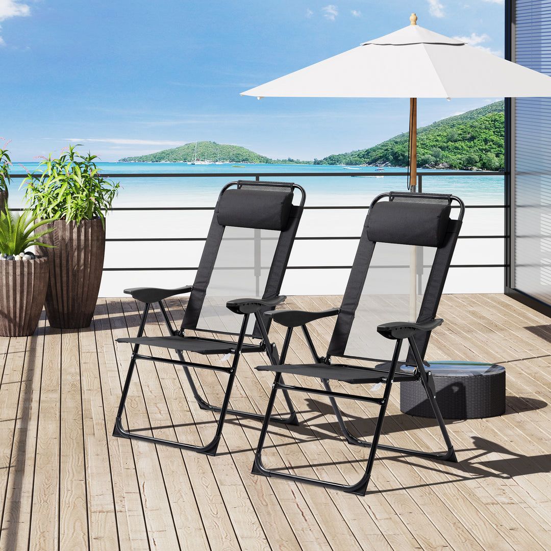 Set of 2 Portable Folding Recliner Metal Outdoor Patio Chaise Lounge Chairs with Adjustable Backrest, Black