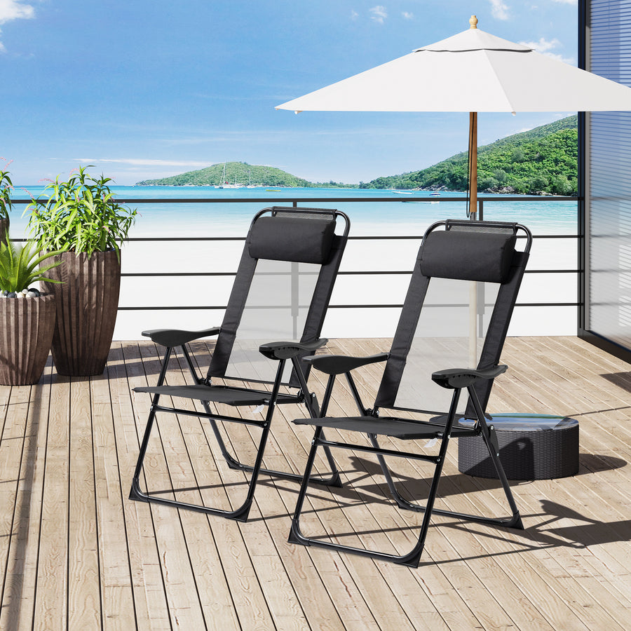 Set of 2 Portable Folding Recliner Metal Outdoor Patio Chaise Lounge Chairs with Adjustable Backrest, Black