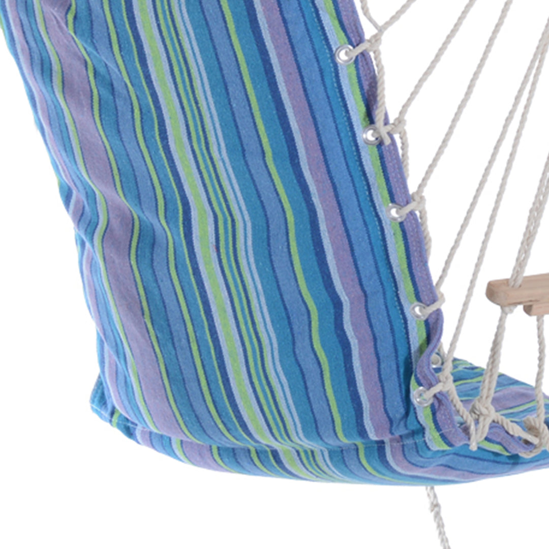 Hanging Rope Chair with Soft Padded Seat & Backrest, Portable Garden Hammoc Chair with Wooden Support Bar, Armrests, Cotton Cloth, Footrest, for Patio & Tree, Blue