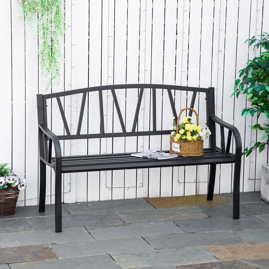 2-Seater Garden Bench Metal Loveseat w/ Decorative Backrest Ergonomic Armrest