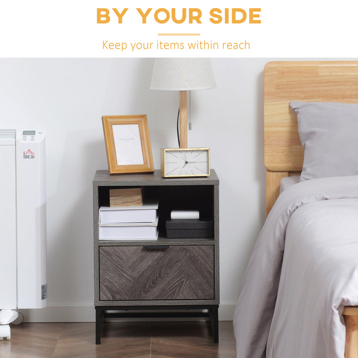 Bedside Table with Drawer and Shelf, Side End Table with Steel Legs for Living Room, Bedroom, Set of 2, Dark Grey