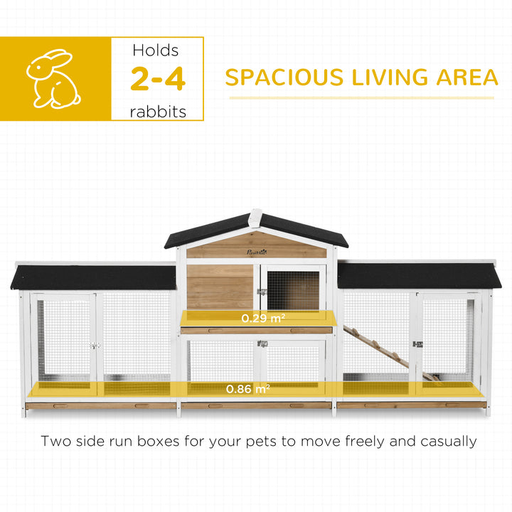 2-Tier Large Rabbit Hutch Outdoor with Double Side Run Boxes, No-leak Plastic Tray, Ramp, 230 x 53 x 93.5cm, White