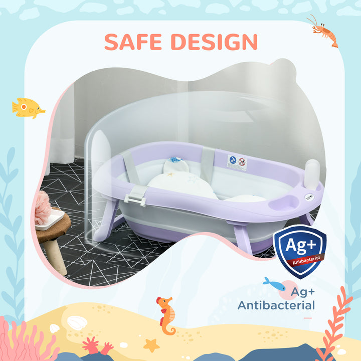 ZONEKIZ Foldable Baby Bath Tub, Bath Tub with Non-Slip Support, Cushion Pad, Drain Plugs, Shower Head Holder, for Newborn to 6 Years - Purple