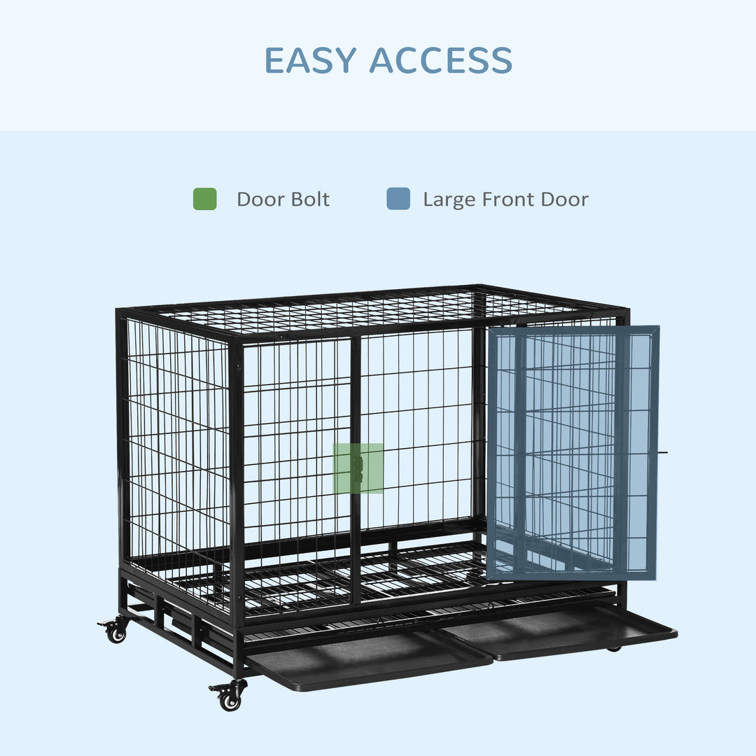 PawHut 43" Heavy Duty Metal Dog Kennel Pet Cage with Crate Tray and Wheels - Black (Large) | Aosom UK