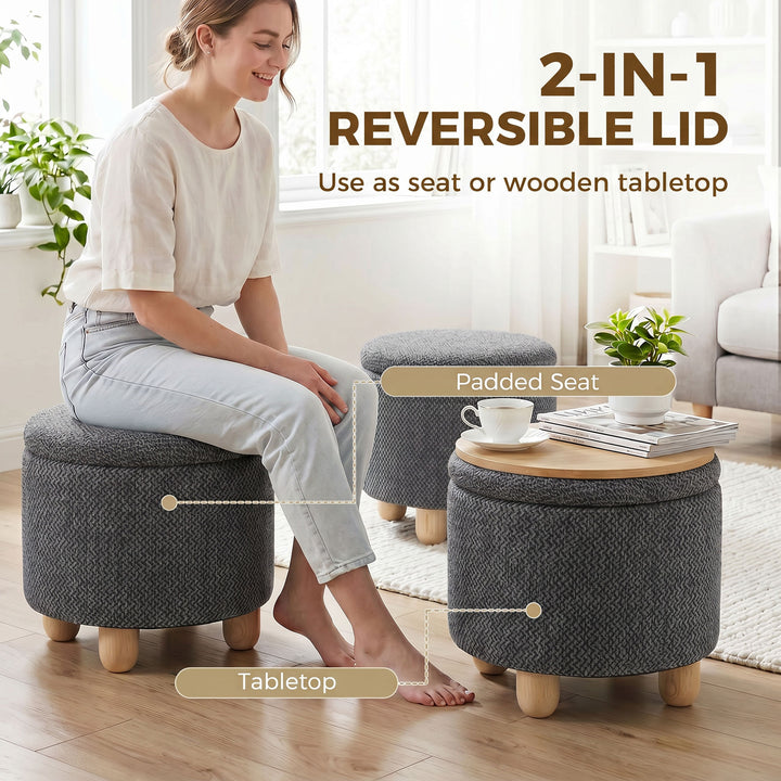 Storage Sitting Bench with Lid, Round Storage Ottoman with Rubberwood 