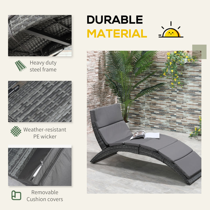 Outdoor Foldable PE Rattan Sun Lounger with Soft Padded Cushion, Ergonomic Curved Design Sun Bed for Balcony, Garden, Grey