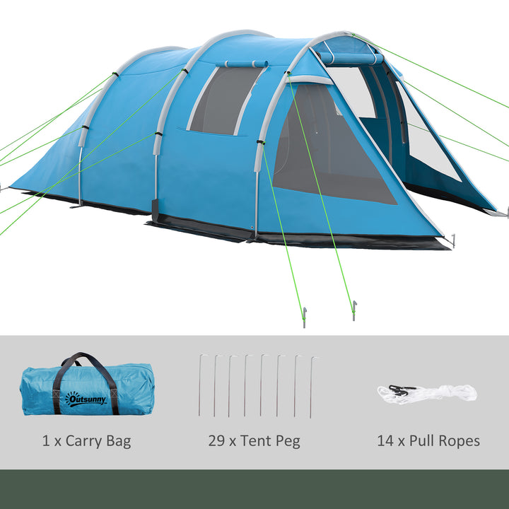 3-4 Man Tunnel Tent, Two Room Camping Tent with Windows, Portable Carry Bag, for Fishing, Hiking, Sports, Festival - Blue