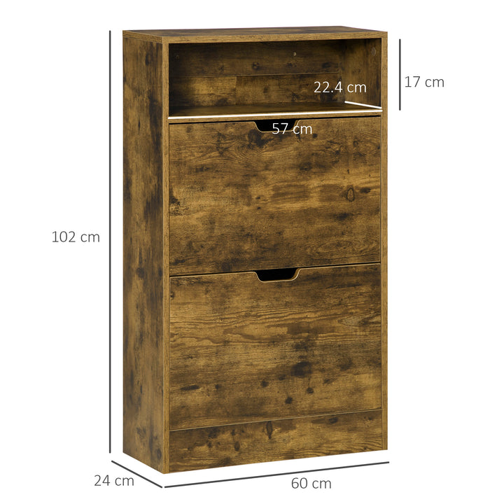 Shoe Cabinet with 2 Flip Doors, Slim 2-Drawer Shoe Cupboard with Adjustable Divider and Open Compartment for 12 Pairs of Shoes, Entryway Storage Unit, Rustic Brown