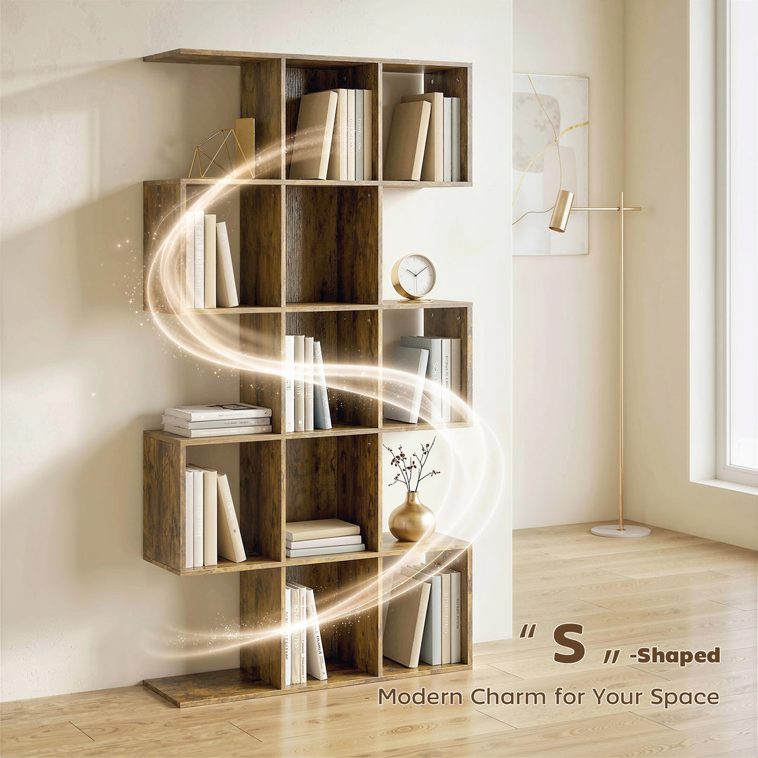 5-Tier Bookshelf, S Shaped Geometric Bookcase with 15 Compartments, Ru