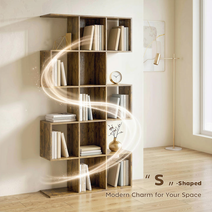 5-Tier Bookshelf, S Shaped Geometric Bookcase with 15 Compartments, Ru