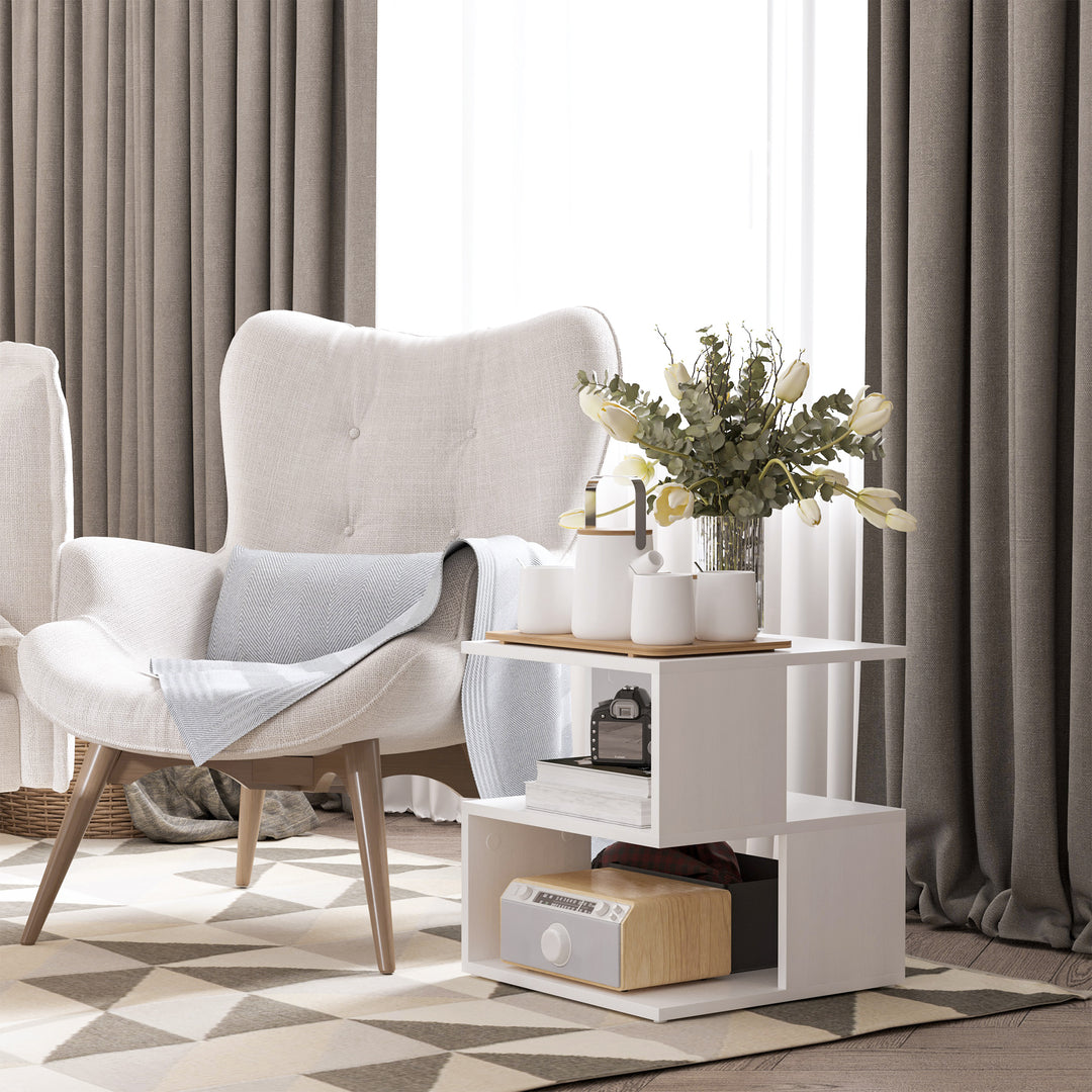 Set of 2 Side Table, Square Coffee Table, Modern End Table with 2 Tier Storage Shelves for Living Room, Bedroom, White