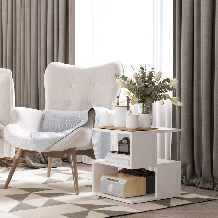 Set of 2 Side Table, Square Coffee Table, Modern End Table with 2 Tier Storage Shelves for Living Room, Bedroom, White