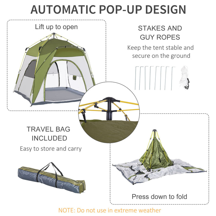 Outsunny 4 Person Automatic Camping Tent, Outdoor Pop Up Tent, Portable Backpacking Dome Shelter, Green | Aosom UK