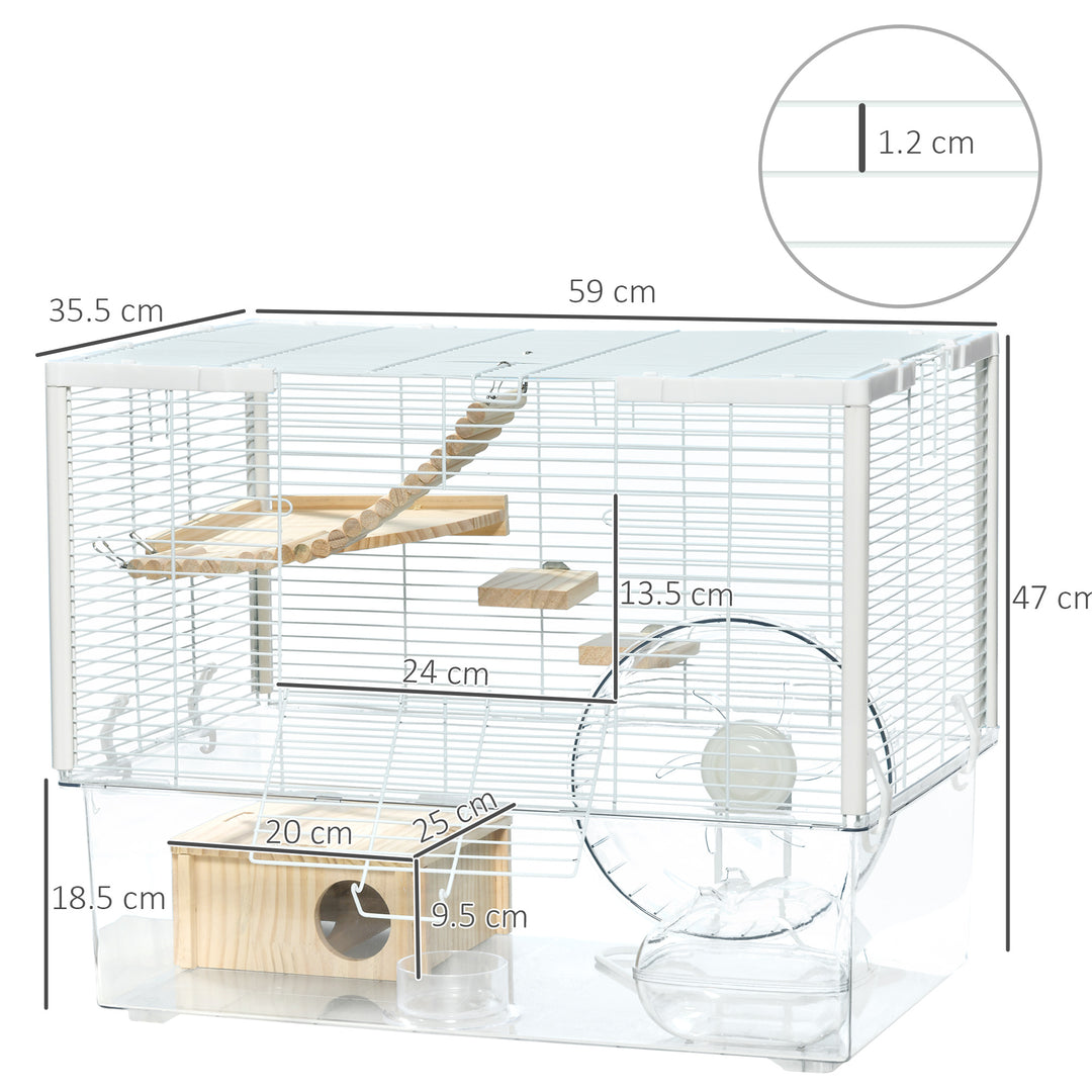 Hamster Cage, Gerbil Cage with Wooden Ramp, Exercise Wheel, Food Bowl - White