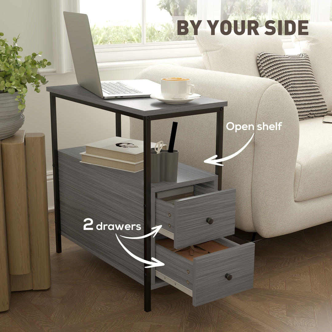 Side Table, Narrow Bedside Table with 2 Drawers and Storage Shelf, Industrial End Table with Metal Frame for Small Spaces, Grey Wood Grain