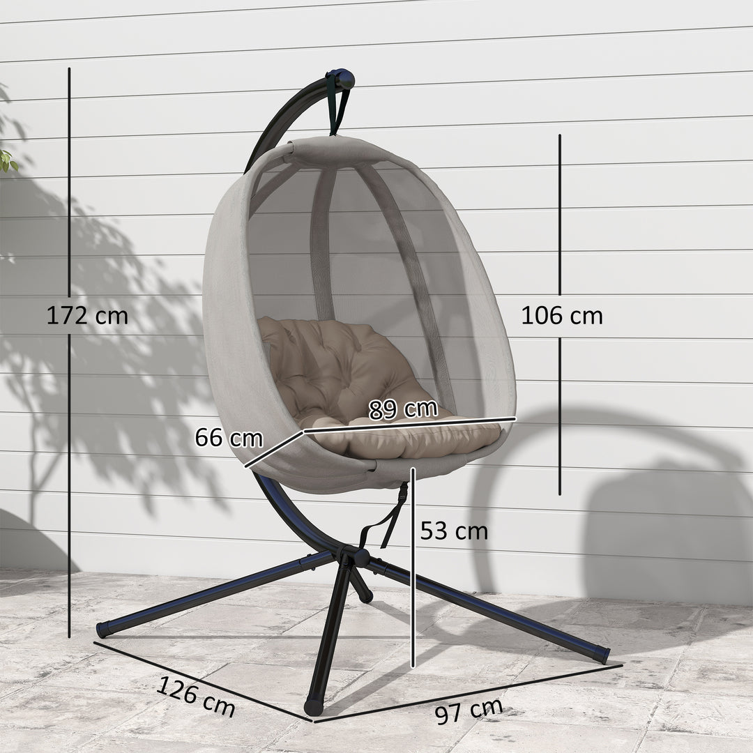 Hanging Egg Chair, Folding Texteline Swing Hammock with Side Pocket, Cushion and Stand for Indoor Outdoor, Patio Garden Furniture, Khaki
